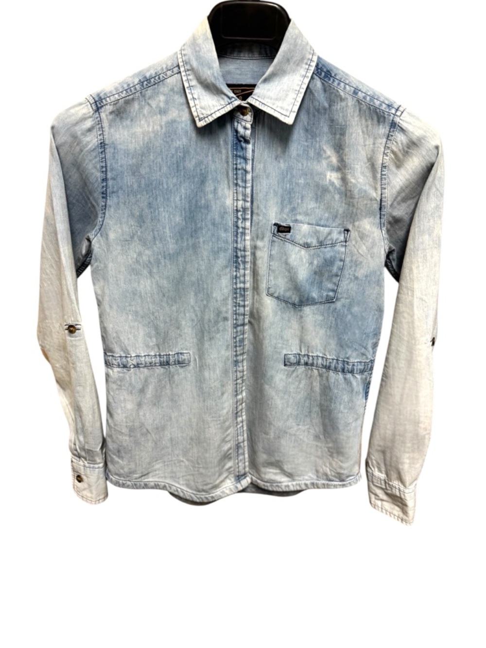OBEY Light Wash Chambray Long Sleeve Roll-Tab Button-Down Shirt Sz XS $88